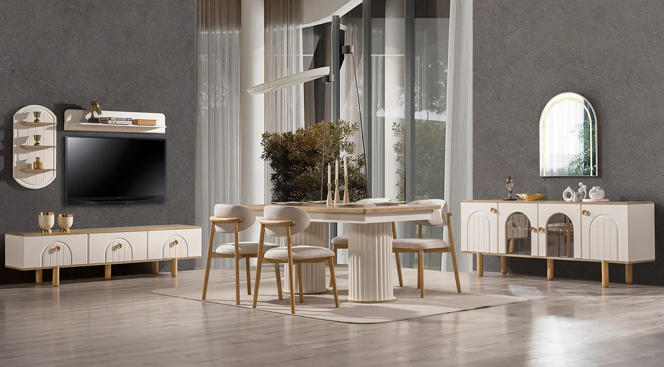 Bohem Ahşap Ayaklı Modern Yemek Odası Takımı