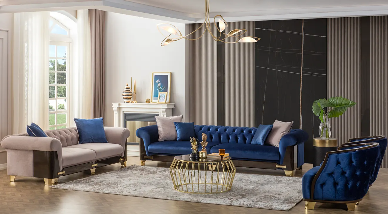 Nish Blue Metal Leg Sofa Set