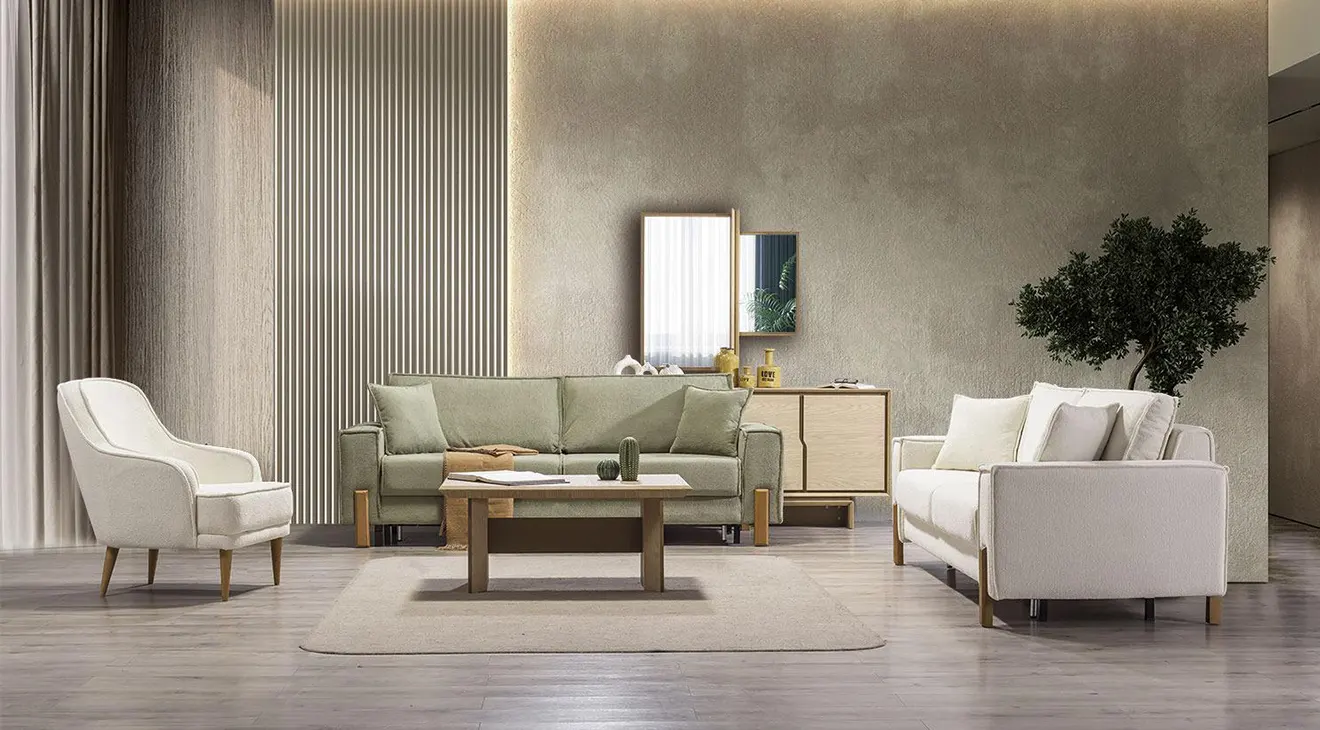 İpek Bed, Storage Box, Wooden Leg Sofa Set