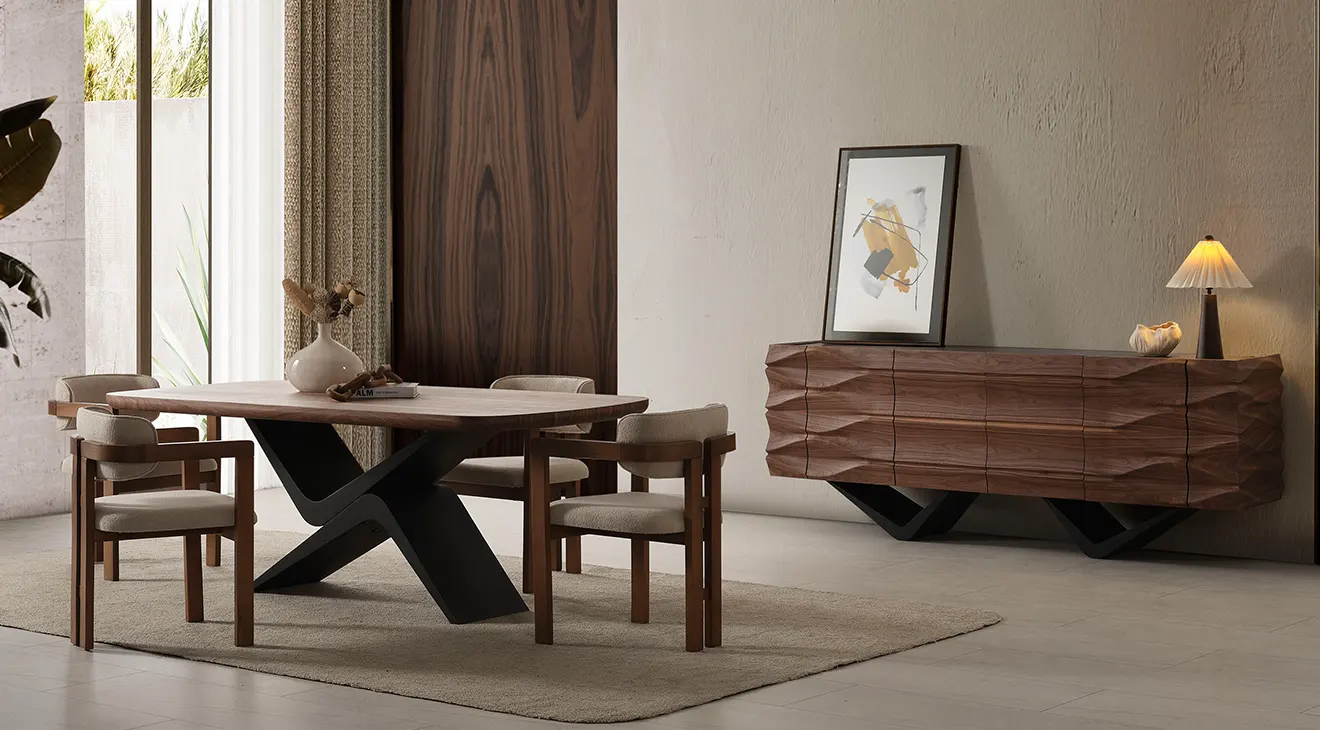 Dolunay Walnut Metal Legs Dining Room Set