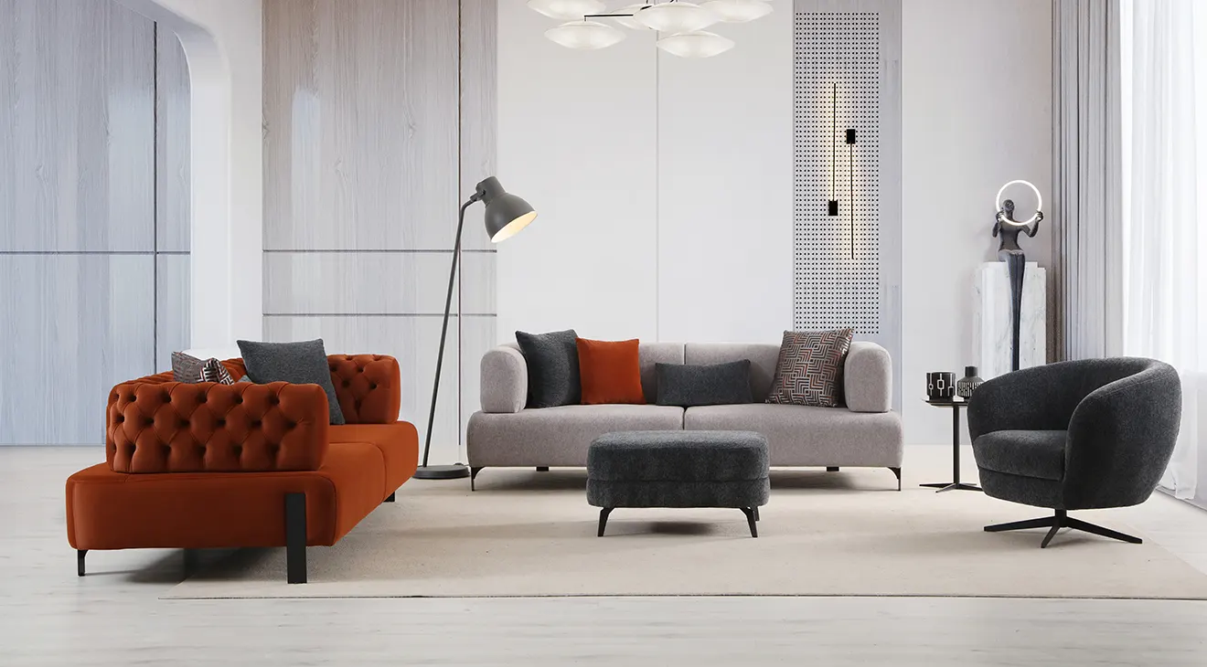 Cratos Antique Metal Leg Modern Sofa Set
