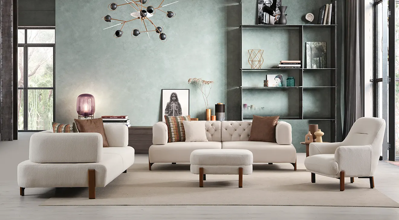 Cratos Antique Wooden Leg Sofa Set