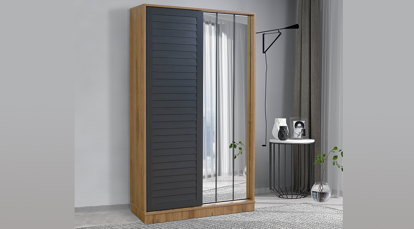 Abelia Walnut Anthracite Sliding Door Coat Rack