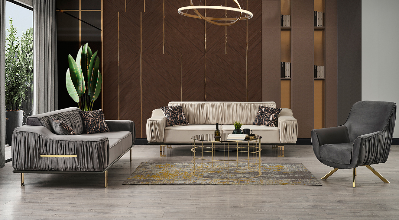 Afra Gold Metal Leg Sofa Set