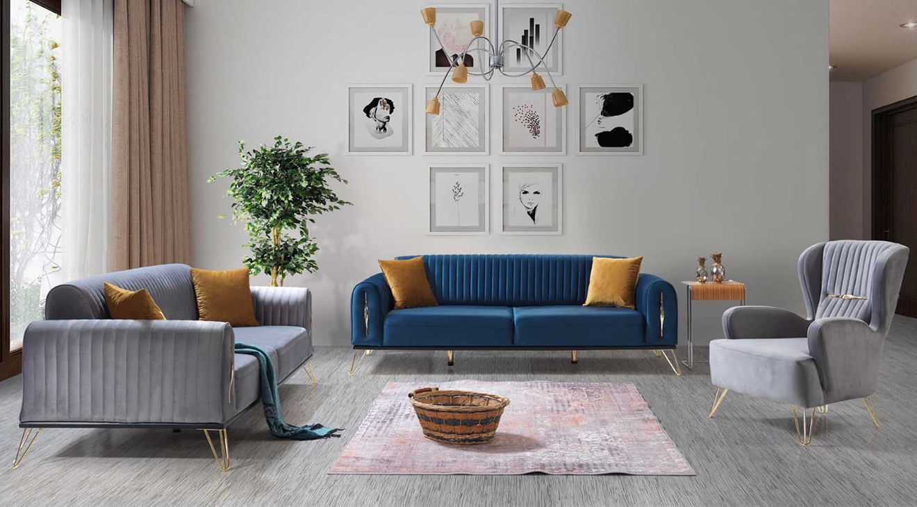 Amsterdam Gold Metal Leg Sofa Set