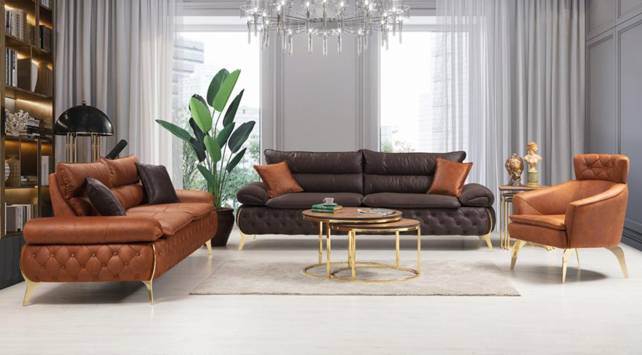 Ares Gold Metal Leg Sofa Set
