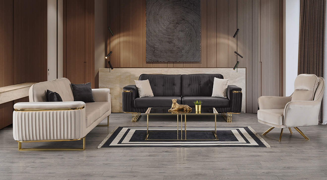 Armoni Gold Metal Leg Sofa Set