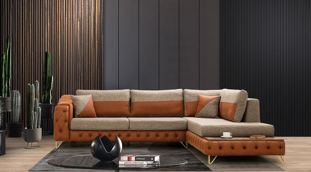 Arya Gold Metal Leg Corner Sofa Set