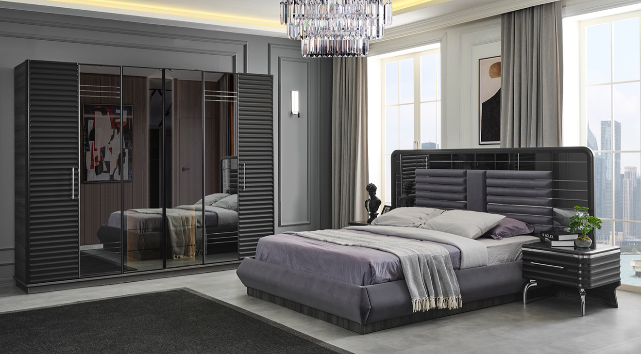 Asel Anthracite 6 Doors Bedroom Set