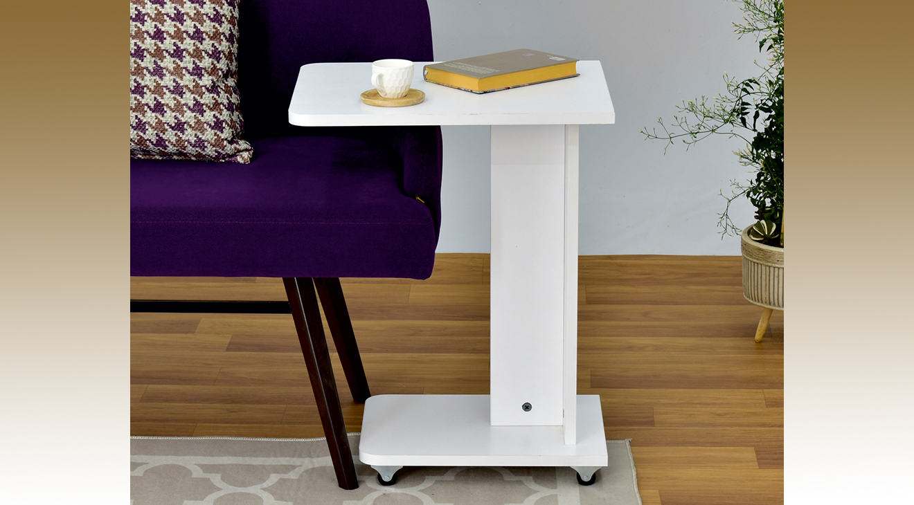 Babil Wheeled White Side Table