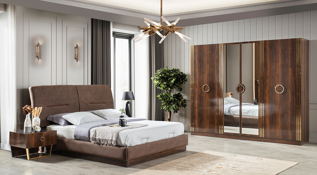 Bella Metal Leg Bedroom Set (Koyu Walnut)