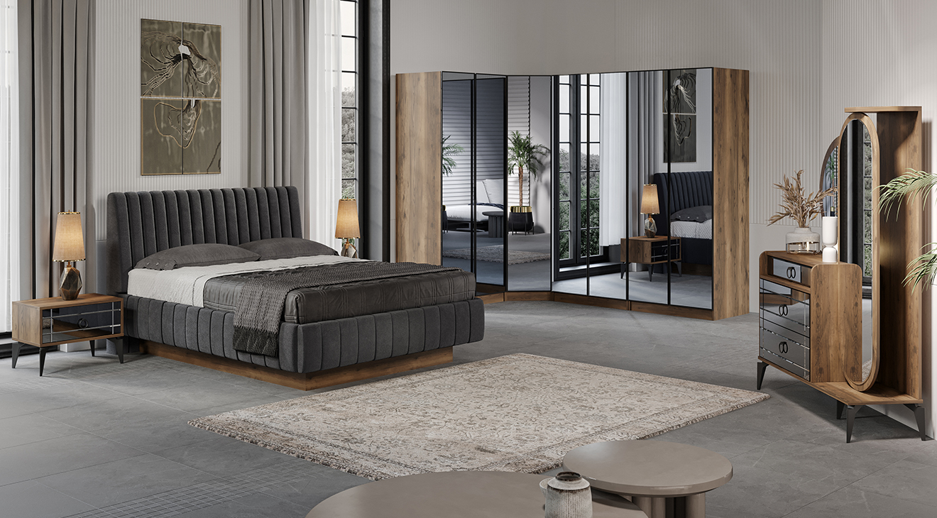 Beyoglu Walnut Corner Wardrobe Bedroom Set