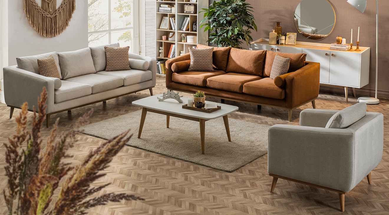 Bohem Walnut Wooden Leg Sofa Set