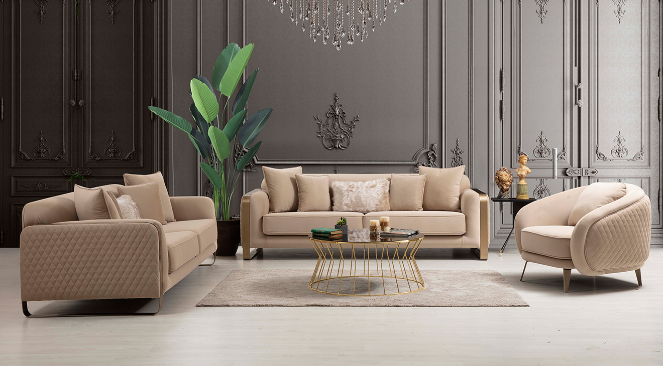 Bottega Gold Metal Leg Sofa Set