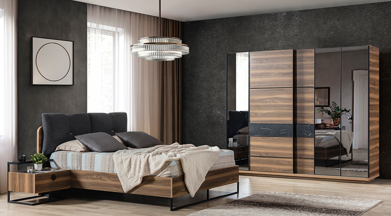 Cool Sliding Door Metal Leg Bedroom Set (Walnut)