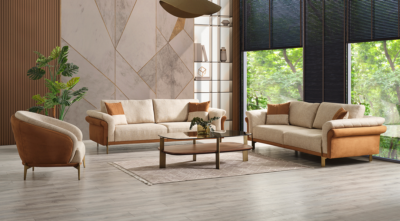 Defne Gold Metal Legged Modern Sofa Set