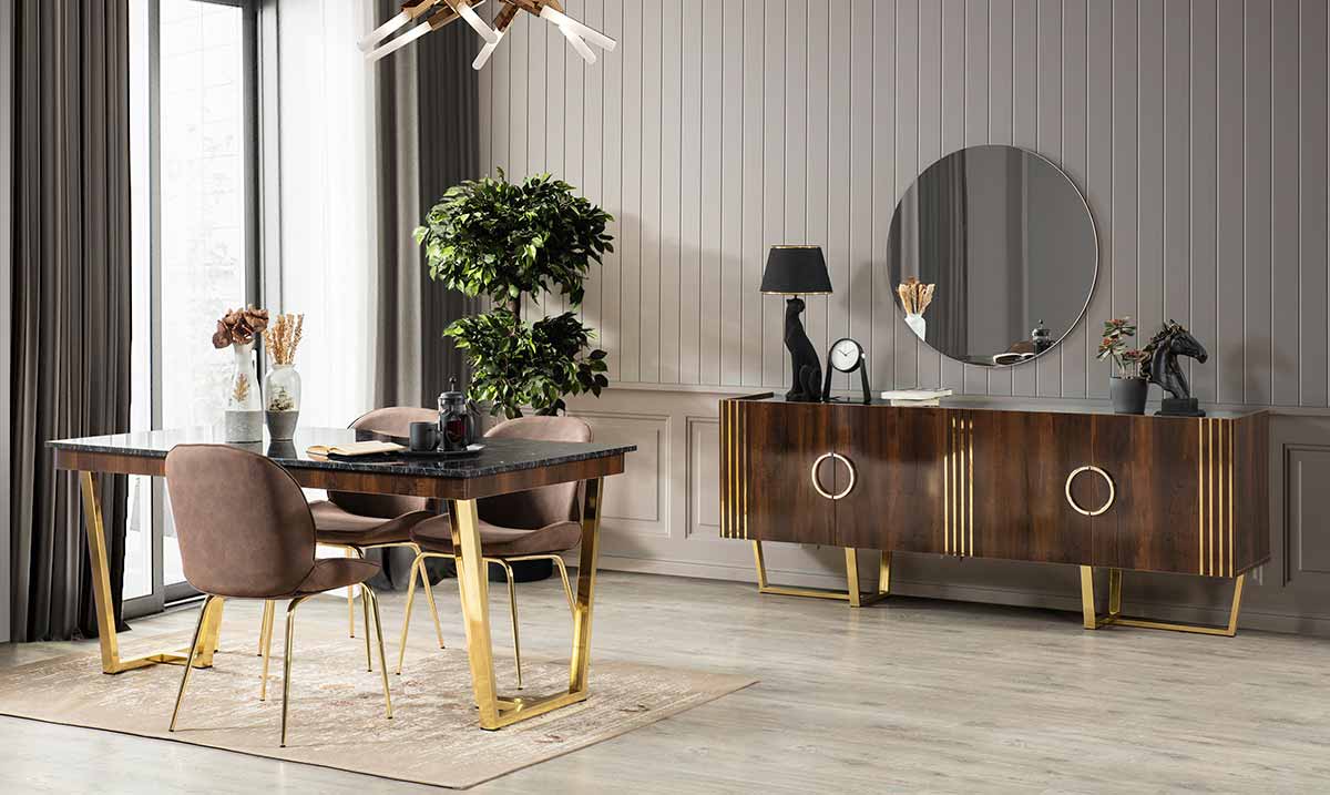 Bella Metal Leg Dining Room Set (Koyu Walnut-02)