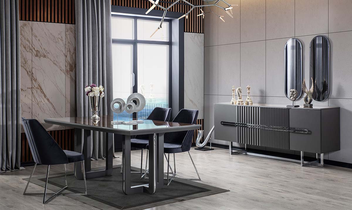 Zala Anthracite Marble Patterned Ayaklı Dining Room Set