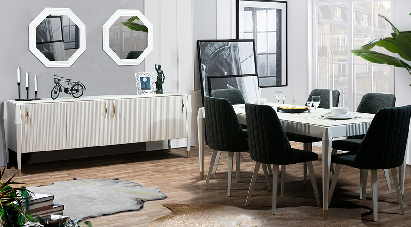 Eliza White Marble Patterned Dining Room Set