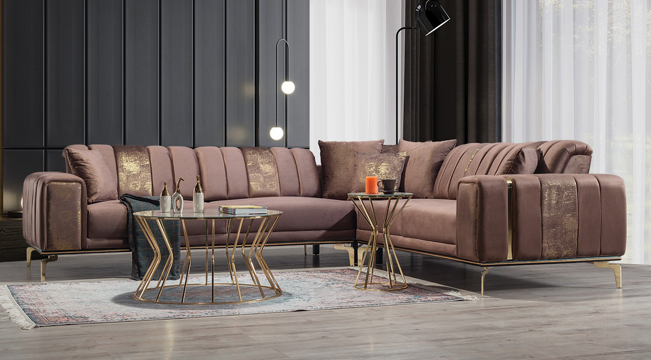 Eva Gold Metal Legs Beded Corner Sofa Set