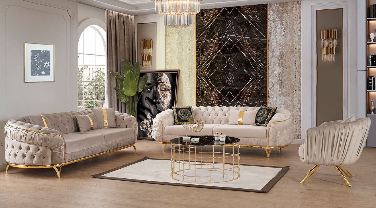 Ewa Chester Gold Metal Leg Sofa Set