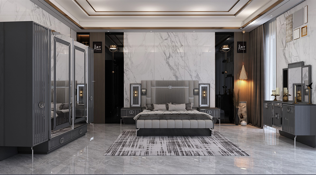 Exelance Anthracite Sliding Door Bedroom Set