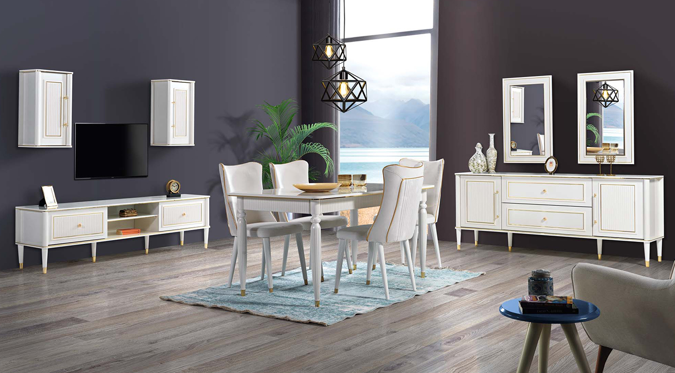 Gold White Wooden Leg Dining Room Set