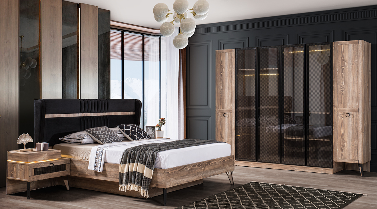 Gostivar Walnut Led Işıklı Bedroom Set