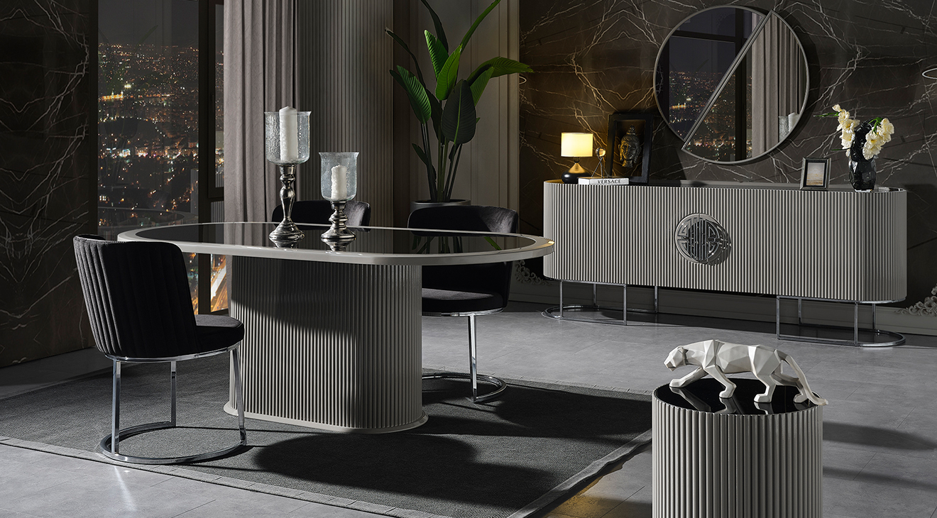 Gucci Smoke Gray Metal Leg Dining Room Set
