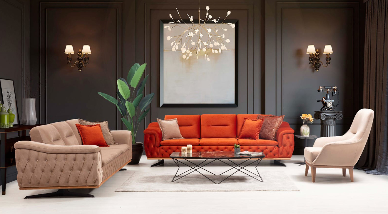 Hera Orange Cream Wooden Leg Sofa Set