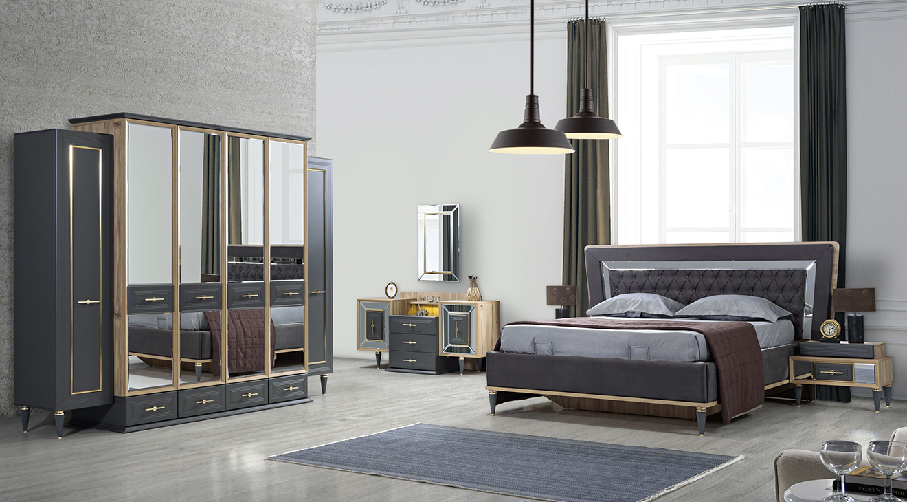 Ilgın Anthracite-Walnut Bedroom Set