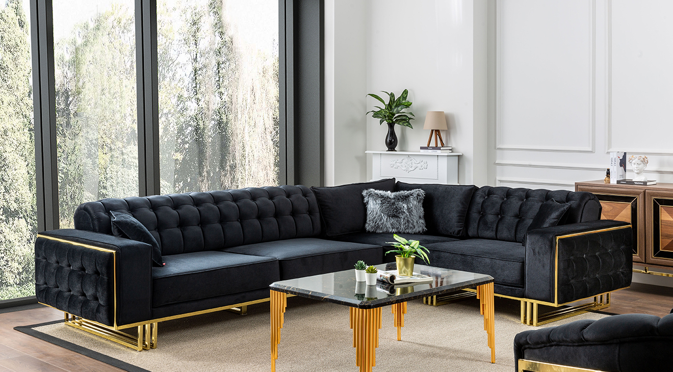 İspanya Gold Metal Leg Corner Sofa Set