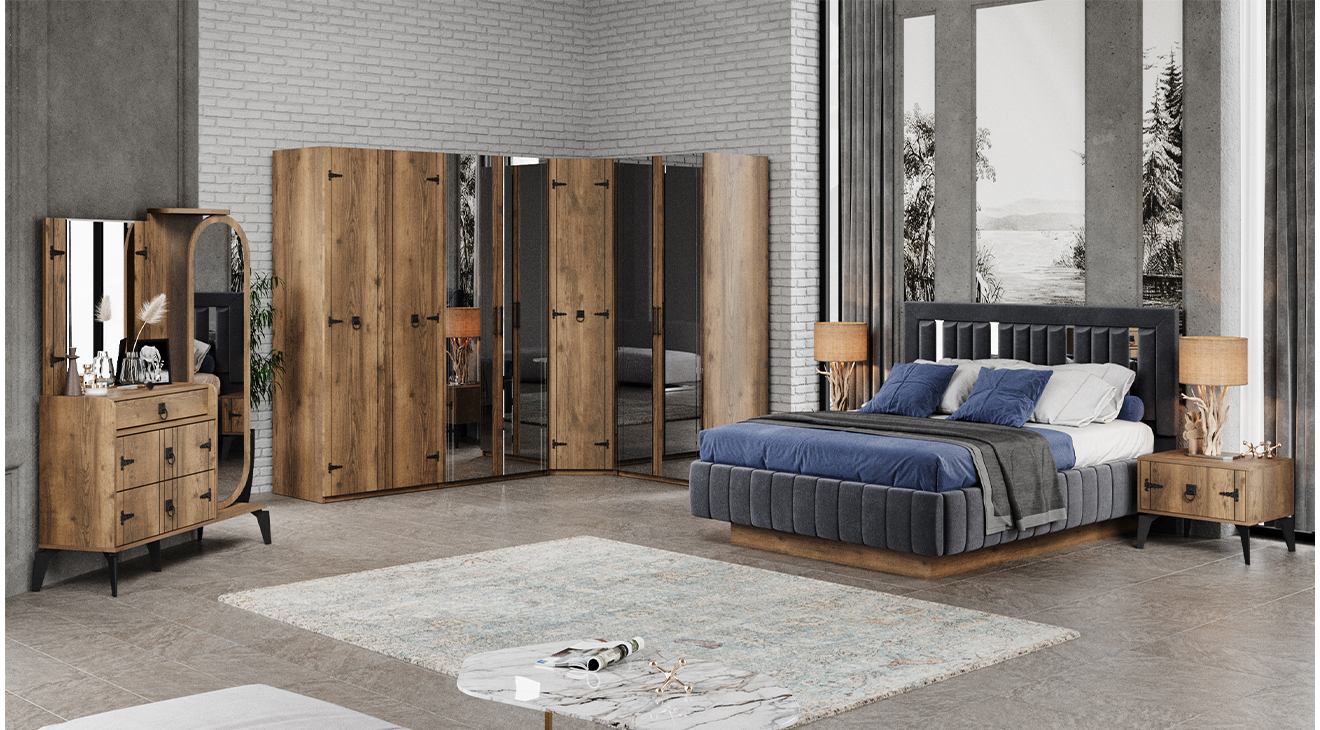 Kamer Walnut Corner Wardrobe Bedroom Set