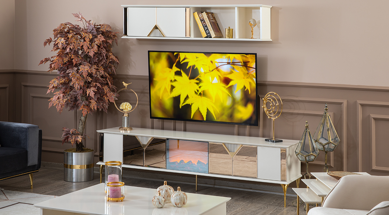 Kontes Gold Metal Leg Fireplace Tv Unit