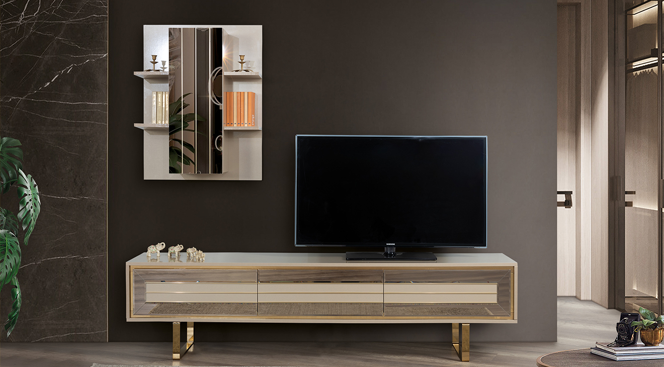 Quantum Desert Sand Gold Metal Leg Tv Unit