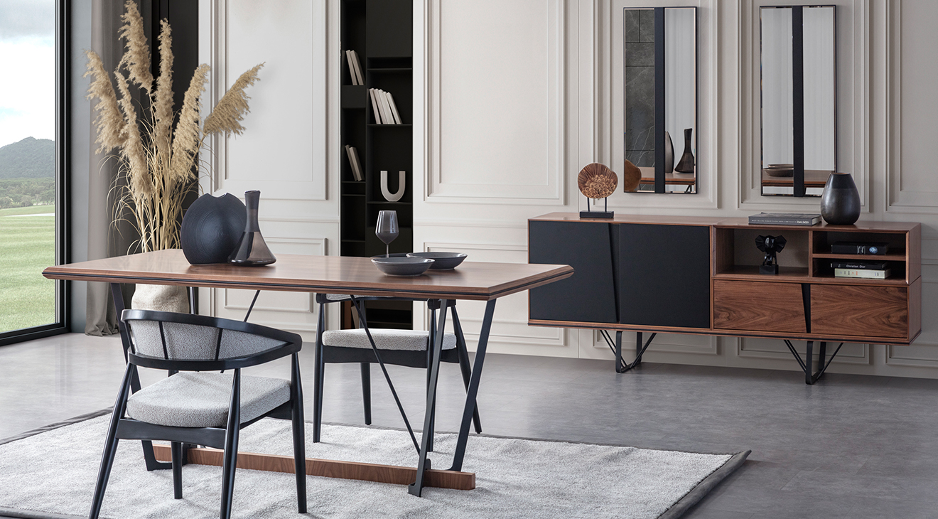 Lavinya Walnut Black Modern Dining Room Set