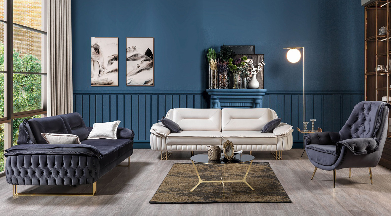 Lexus Beded Gold Metal Leg Sofa Set