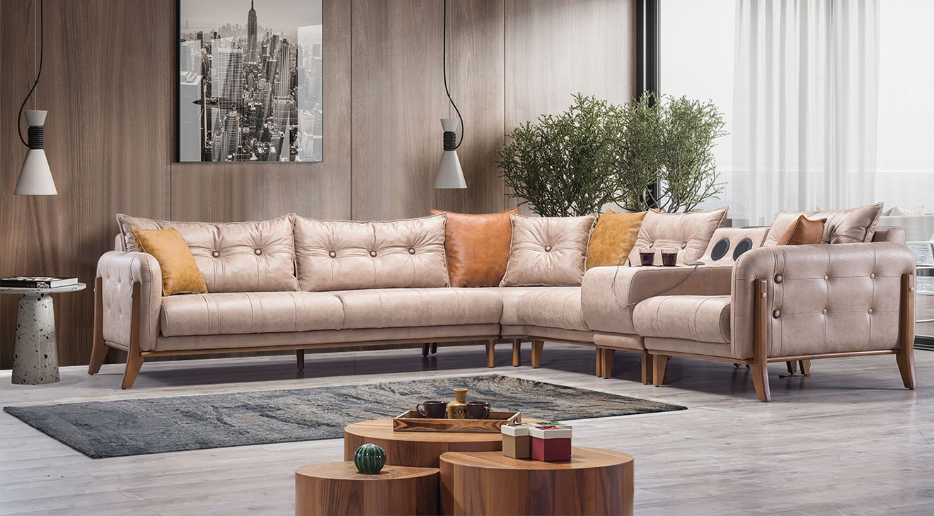 Lion USB Input Wooden Leg Corner Sofa Set