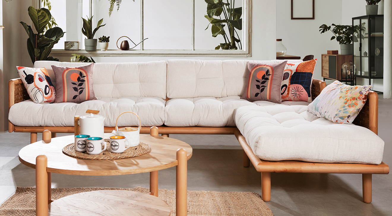 Loft Wooden Leg Corner Sofa Set