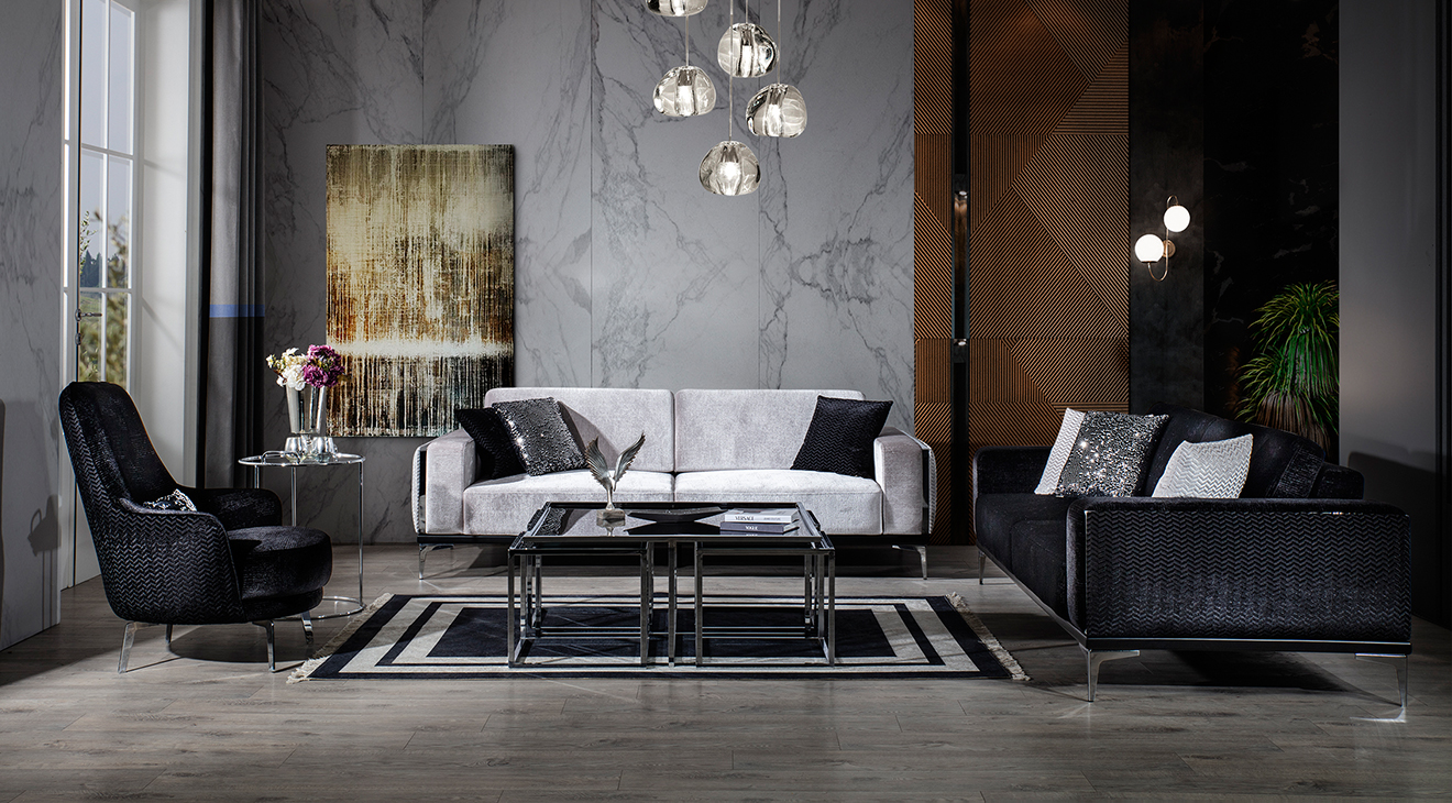 Lotus Silver Metal Leg Sofa Set