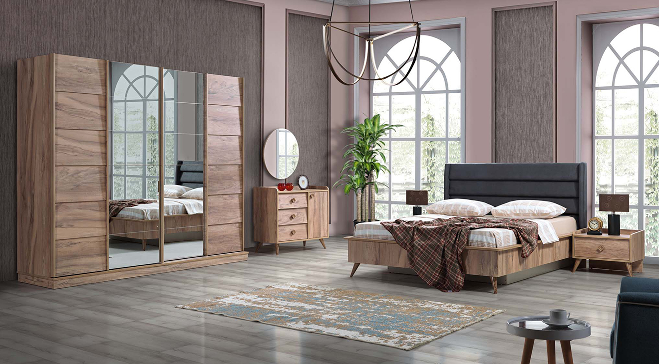 Lucas Walnut Sliding Door Bedroom Set