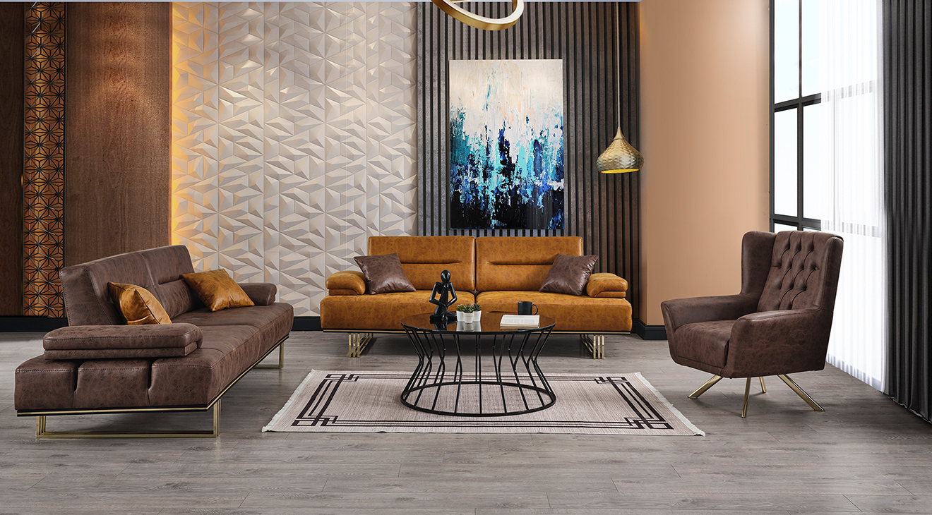 Luna Gold Metal Leg Sofa Set