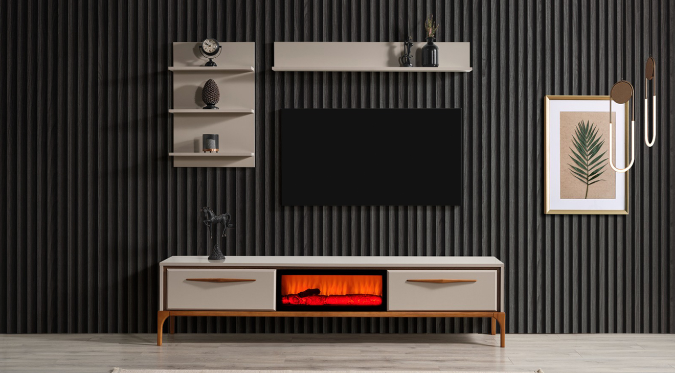 Kumsal Walnut Wooden Leg Fireplace Tv Unit