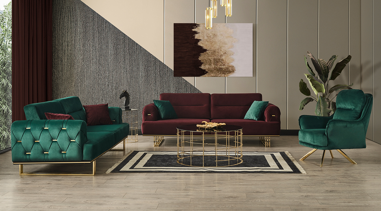 Meastro Gold Metal Leg Sofa Set