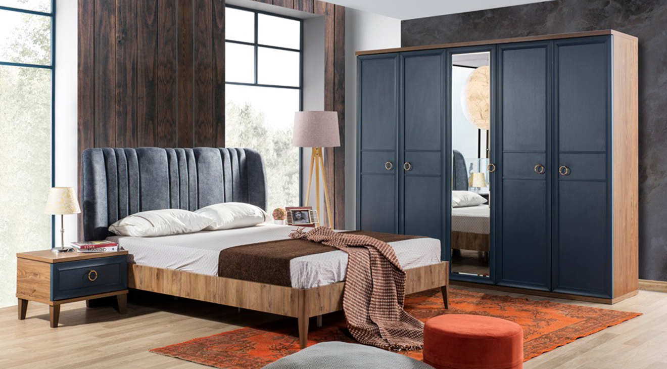 Melis 5 Doors Navy Blue Bedroom Set