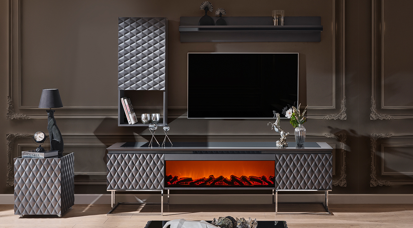 Metalica Gray Luxury Fireplace TV Unit