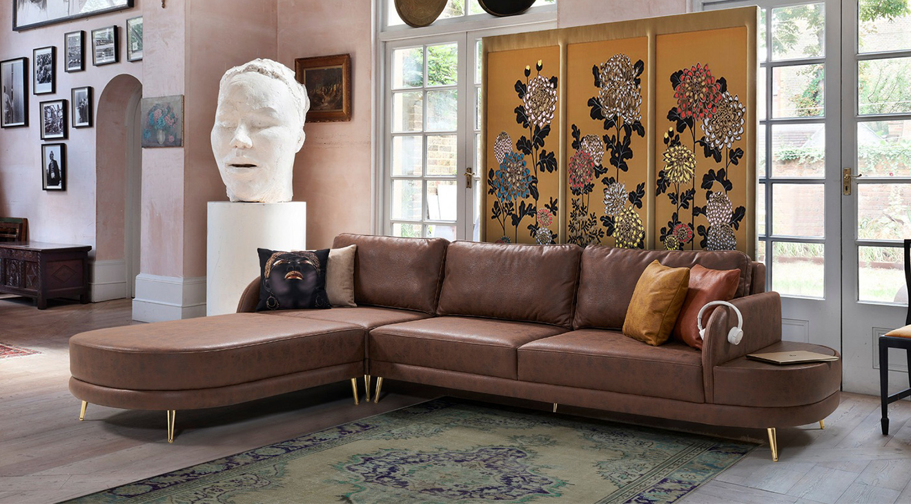 Mina Gold Metal Leg Corner Sofa Set