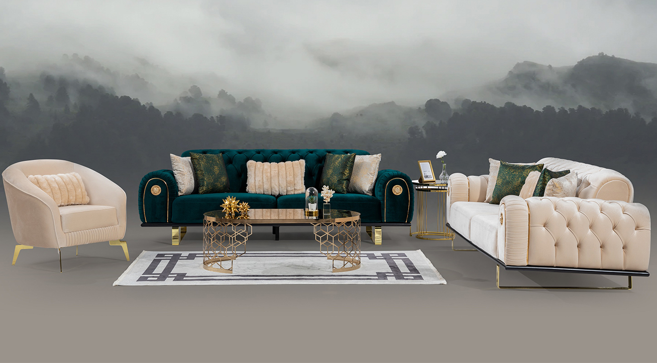 Mira Gold Metal Leg Sofa Set