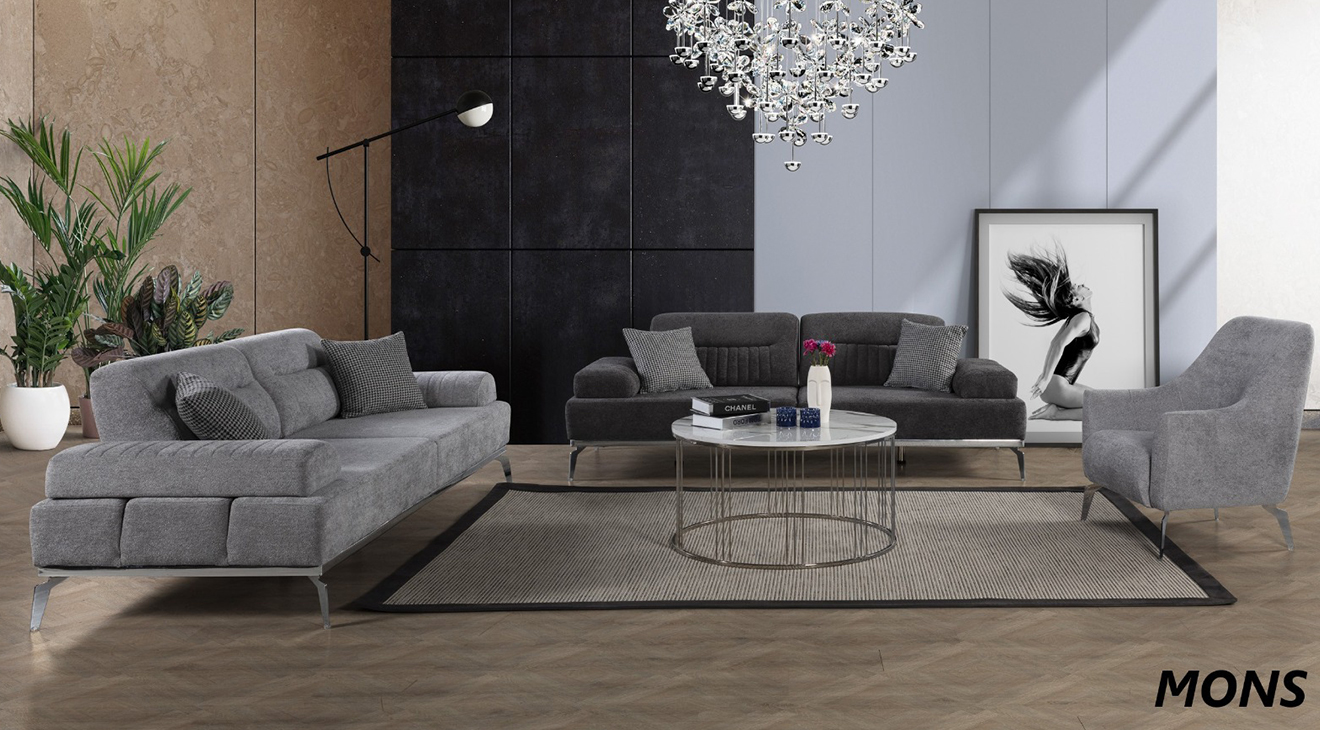 Mons Silver Metal Leg Sofa Set