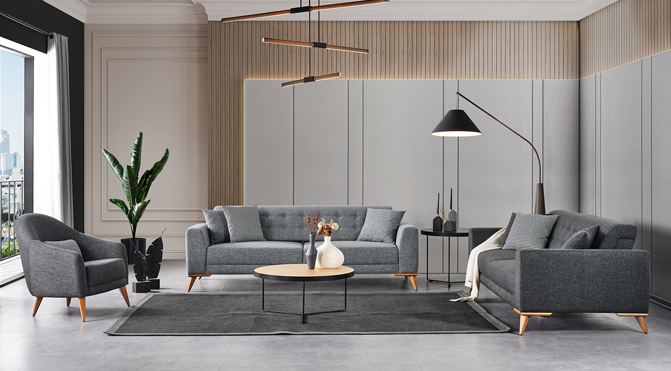 Nesta Gray Wooden Legs Modern Sofa Set
